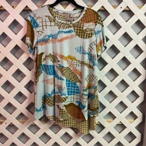 LOGO by Lori Goldstein Printed Rayon 230 Woven Top & Tank Twin Blue Pearl Small